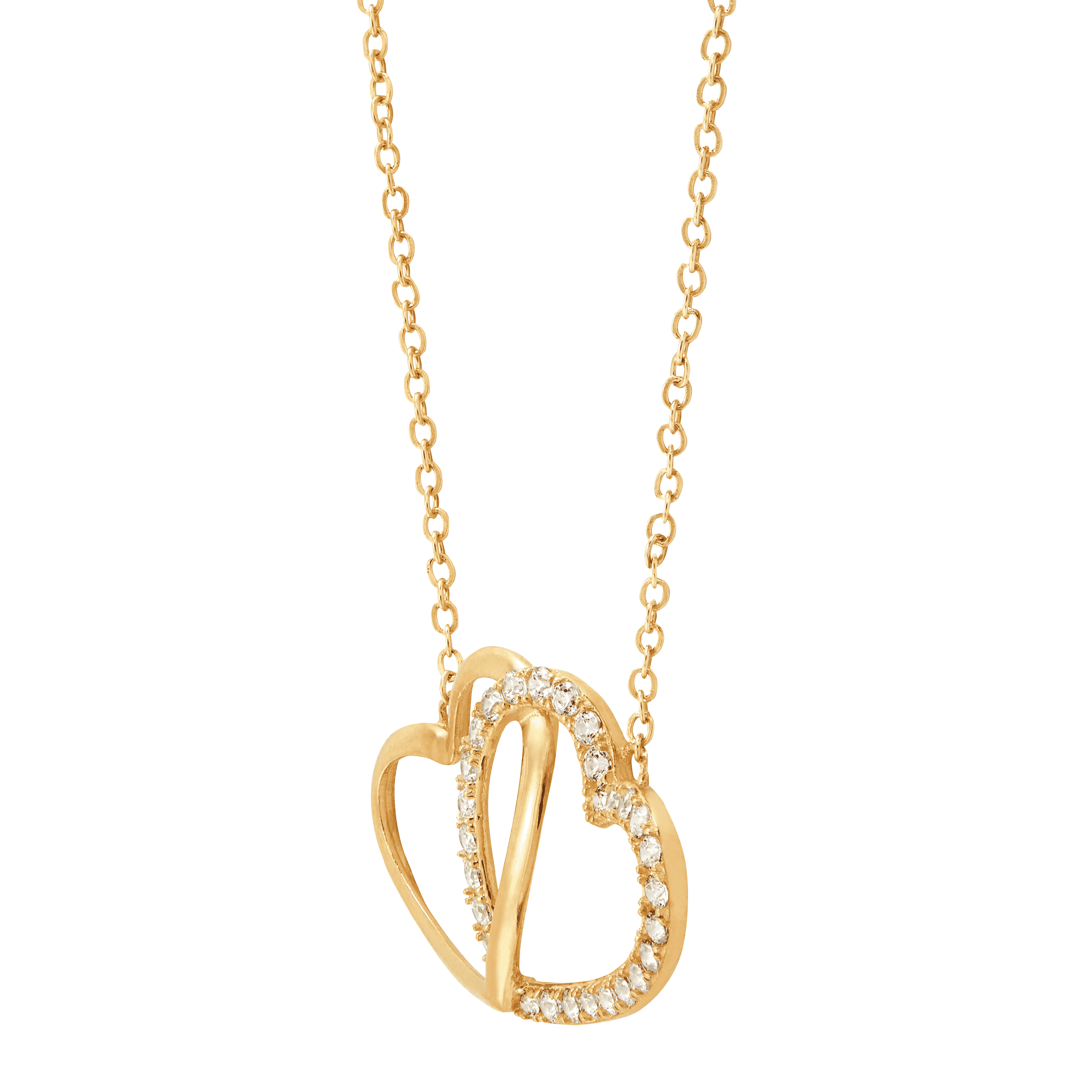 Women's Finecraft Interlocking Hearts Pendant Necklace with Cubic Zirconias in 10kt Yellow Gold, 17.5"