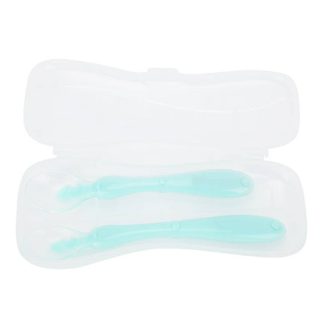 2 cucharas suaves de silicona para bebés, sin BPA, con estuche de almacenamiento, color verde.