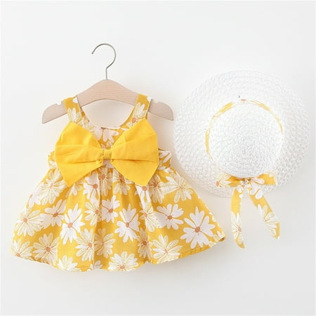 

boy outfits Toddler Infant Baby Girls Summer Princess Dresses Vacation Beach Sleeveless Hat Set Ruffles Bow Floral Dress 0-3Y
