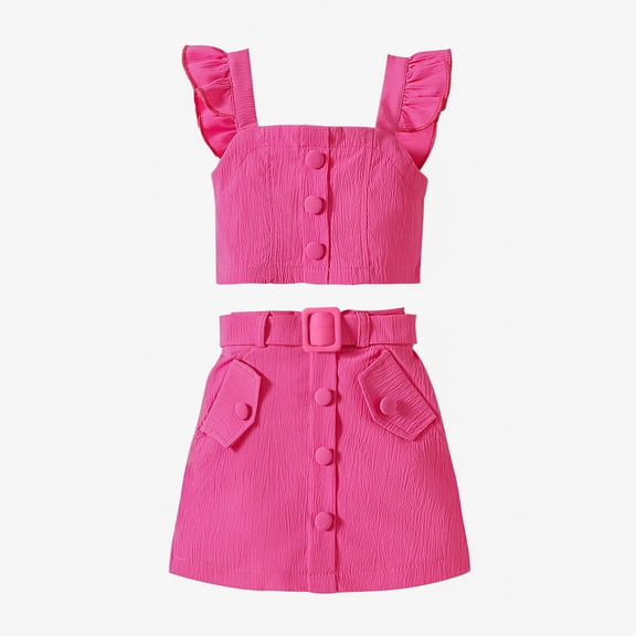 USNSM Summer Girls Ruffled Skirt Suit Suspenders Flysleeve Blouse Buttons Skirt Belt Fashion Two-Piece Set 3-8 Years Old Pink 7Y