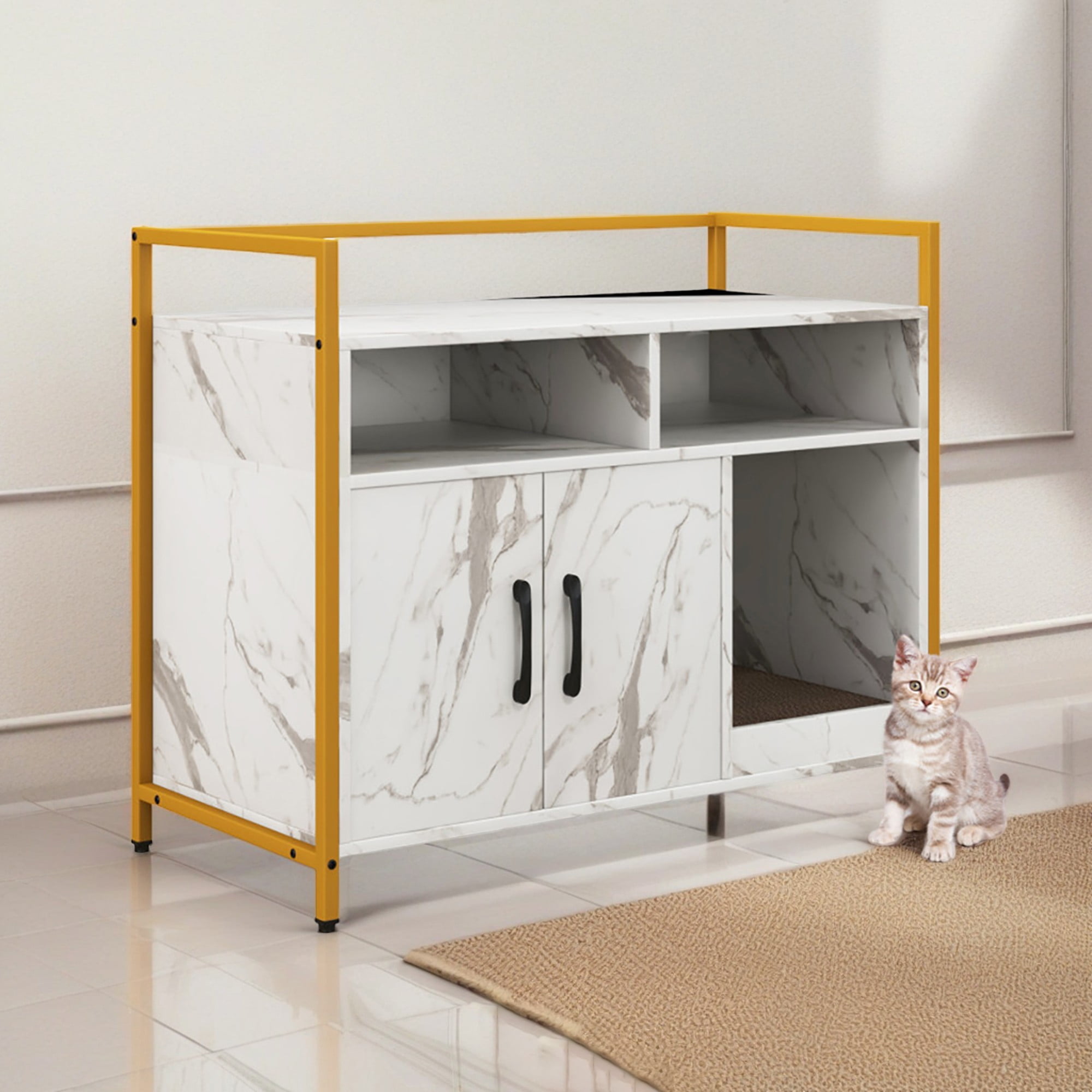 Kadyn 35" Hidden Cat House Washroom with 2-Doors and Scratch Cardboard, Wooden Cat Litter Box Enclosure Furniture, White