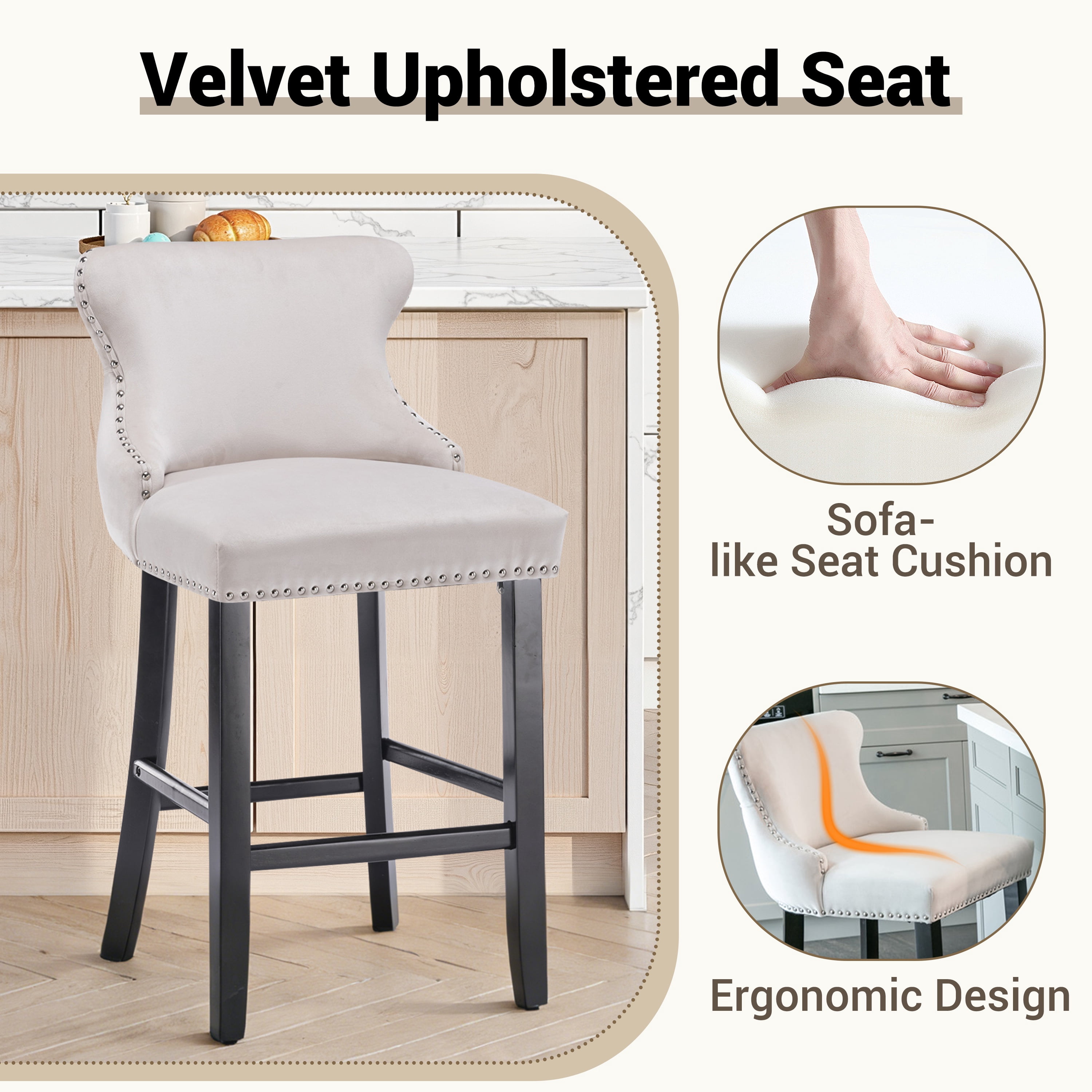 Bar Stool Set of 4, Legahome 26" Counter Height Bar Stools with Back, Velvet Upholstered Bar Stool with Button Tufted & Wooden Legs, Bar Stools Chair for 35-39" Kitchen Island Counter, Beige