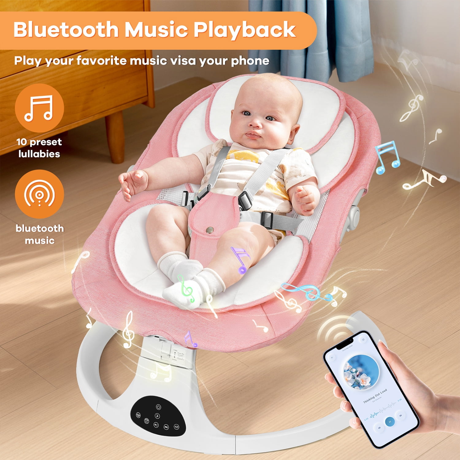 Baby Swing for Infants, Unisex Baby Bouncer, Bluetooth Music for 0-18 months, 5 Sway Speeds, 10 Lullabies for All Seasons,Pink