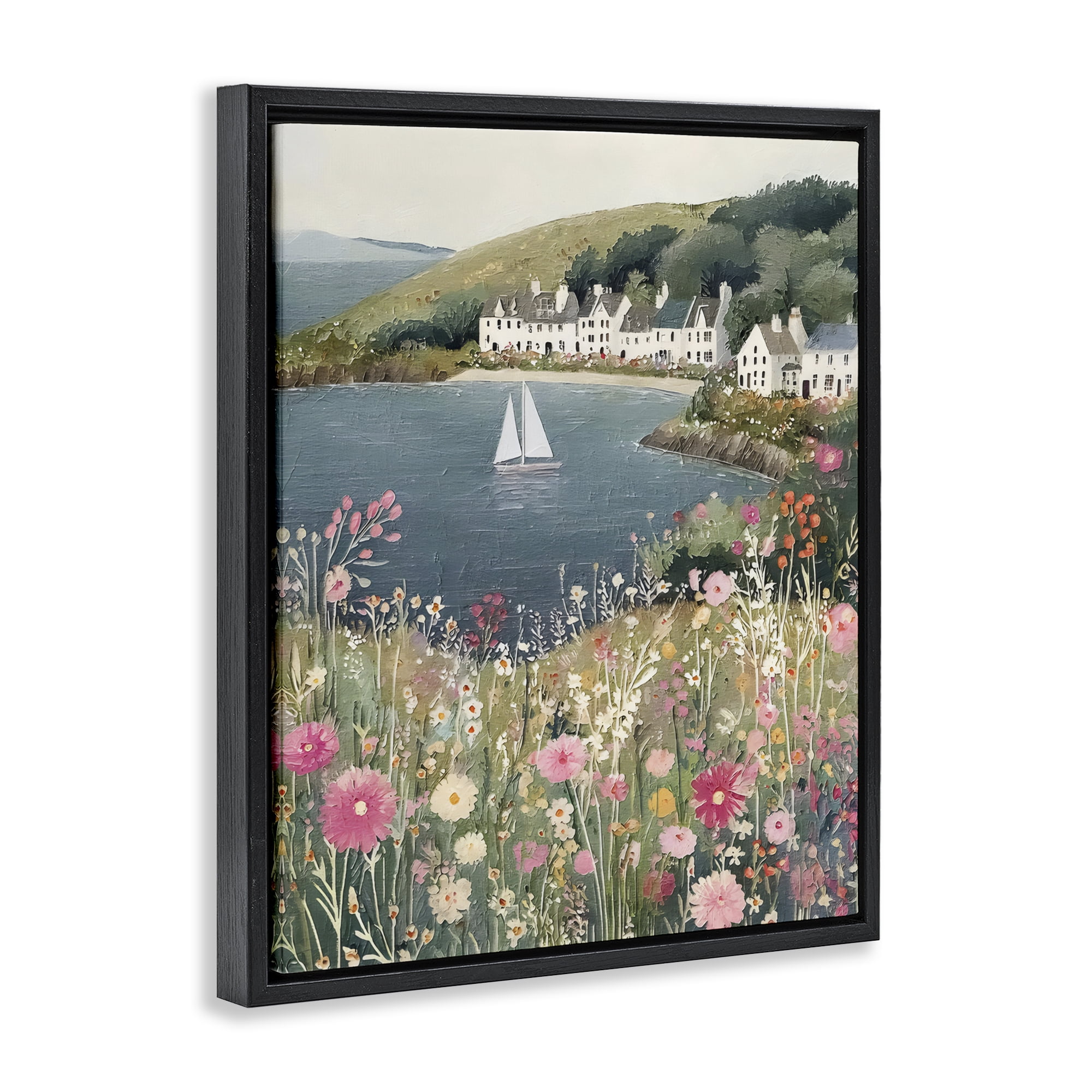 Stupell Industries Clifftop Meadow & Sailboat Black Framed Floater Canvas Wall Art, design by Riley B