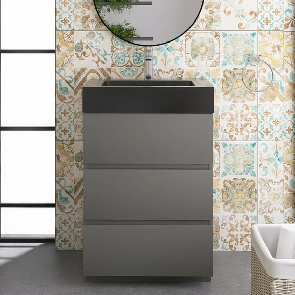 Alice 24" Large Storage Freestanding Bathroom Vanity in Gray with Black Basin