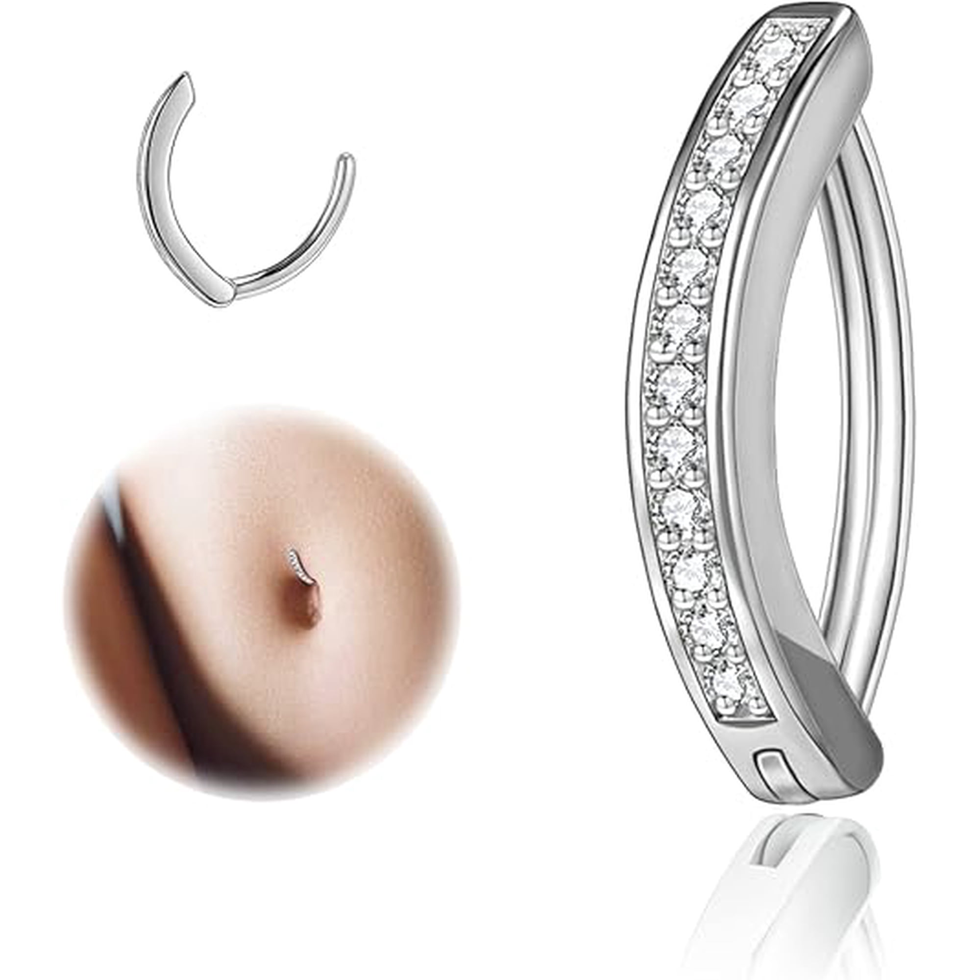 14G Clicker Belly Button Rings for Women, 925 Sterling Silver Belly Barbell Piercing Simulated Diamonds Rivet Reverse Curved Navel Barbell Body Jewelry