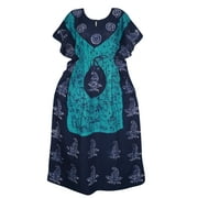 Mogul Women Caftan Blue Batik Print Cotton Beach Cover up Kimono Dress