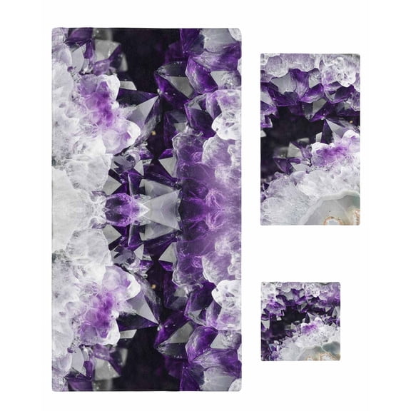 Purple Black Geometric Towel Set of 3, Soft Microfiber Bath Towels, Hand Towel, Washcloths, Modern Abstract Crystals Artwork Quick-Dry Absorbent Towels for Bathroom Kitchen Hotel Beach Gym Spa