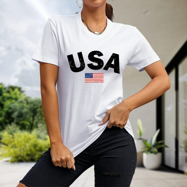 Camiseta Mujer Camiseta con la bandera americana para mujer camiseta de manga corta con letras camisetas de calle blanco S Cgtredaw para Mujer Blanco T 3EG Bodega Aurrera en linea