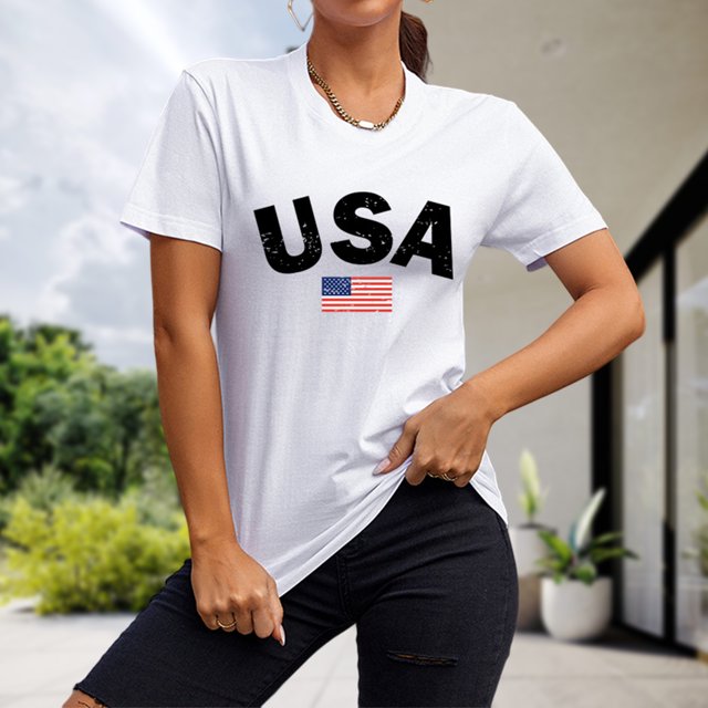 Camiseta Mujer Camiseta con la bandera americana para mujer, camiseta de manga corta con letras, camisetas de calle (blanco M) Cgtredaw Para estrenar