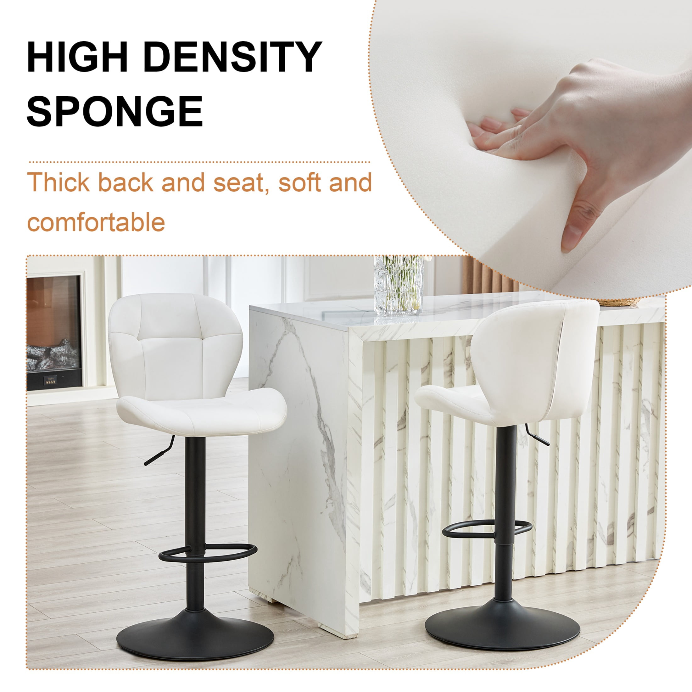 Bar Stools Set of 2, White PU Leather Upholstered Adjustable Swivel Barstools, Adjustable Height Bar Chairs with Black Metal Base & Footrest for Kitchen Island, Pub, Bar