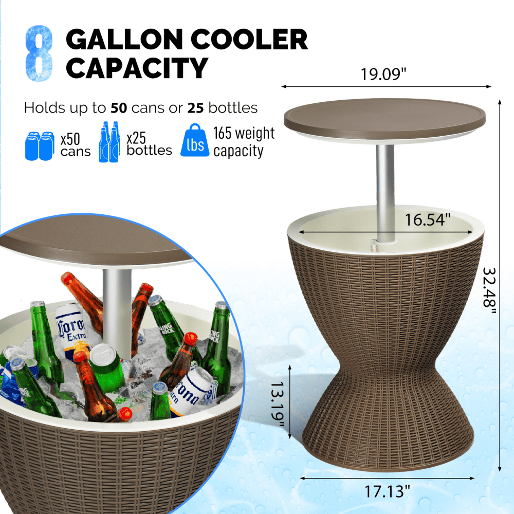 Tcbosik Cool Bar Table, Height-Adjustable Outdoor Side Table with 8 Gallon Beer and Wine Cooler, Cocktail Table for Deck Poolside, Backyard, Gray & Brown