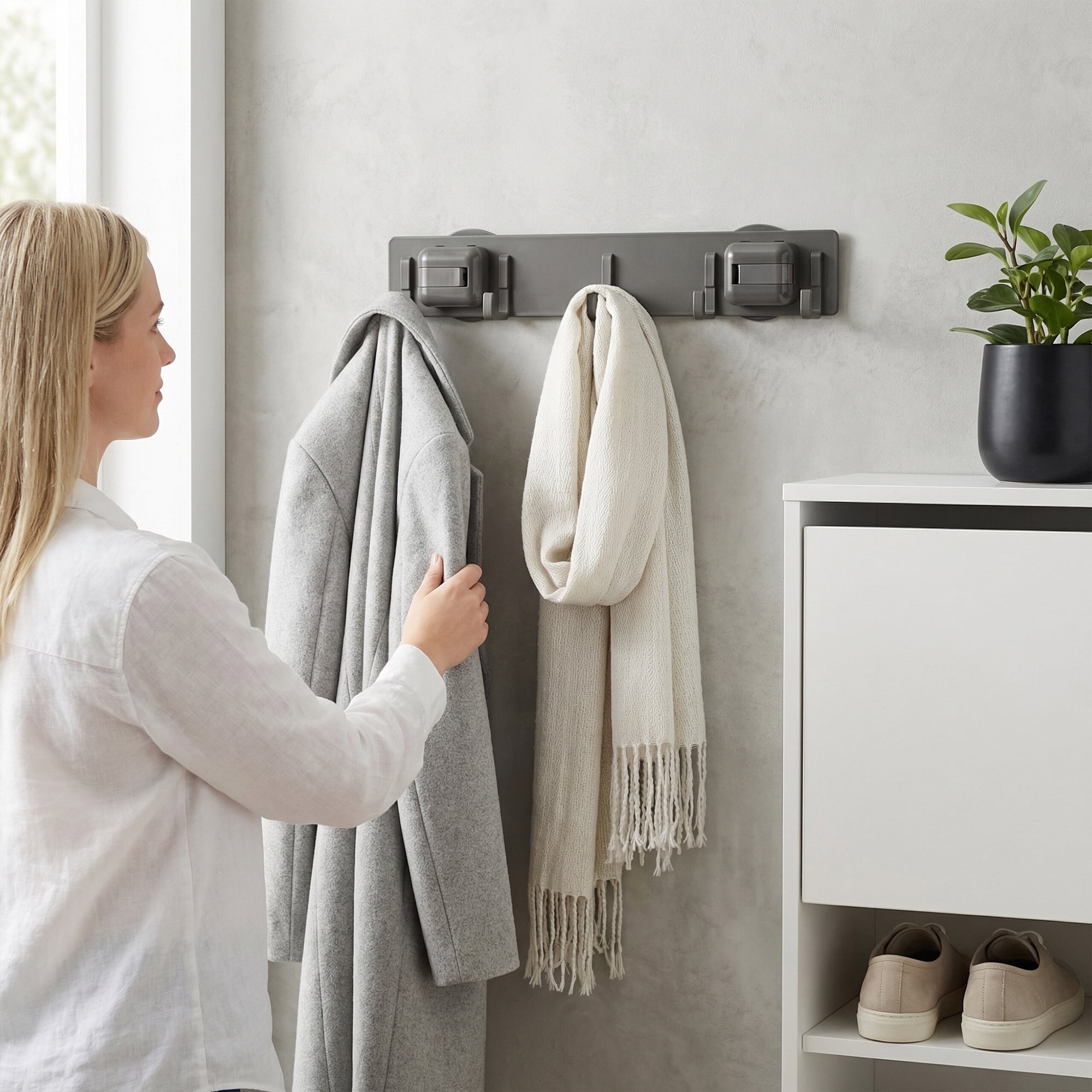 Unique Bargains Coat Rack Wall Mount Metal Suction Square 5 Hooks Rack Gray 13.2"x2.4"