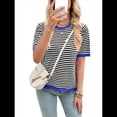 thumbnail image 3 of Suéteres Casuales de Verano para Mujer, con Cuello Redondo, Corta, A Rayas, de Punto con Bloques de Color, de Corte Alto y Moderno Negro y Azul XXL, 3 of 10