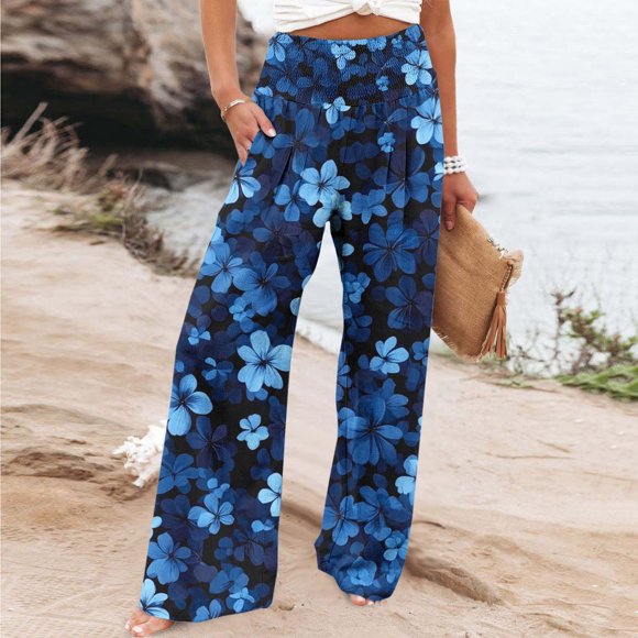 Haivin Women's Casual Loose Fit Pants with Printed Pattern, Elastic Waistband Pockets, High-Waisted Straight Leg for Daily Wear
