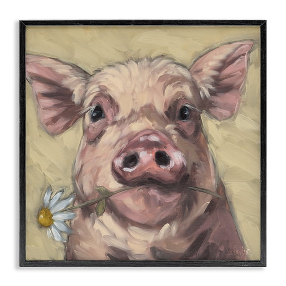 Stupell Industries Pig Holding Daisy Sprig Animals Painting Black Framed Art Print Wall Art, 12 x 12