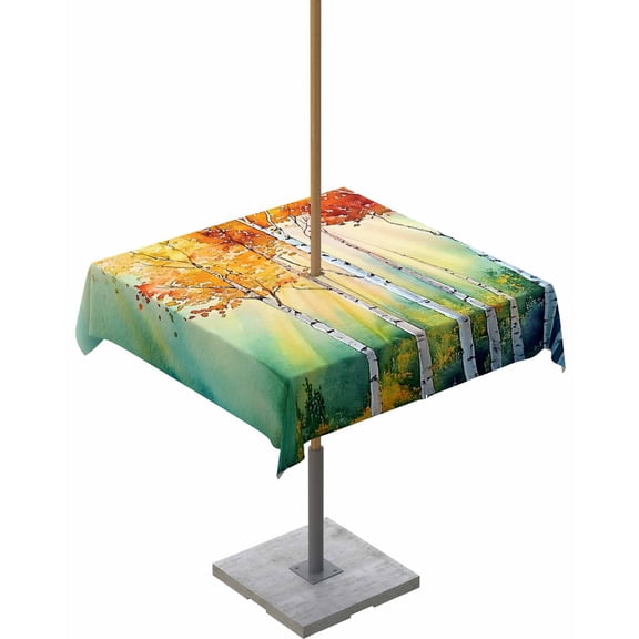 Outdoor Tablecloth with Umbrella Hole for Patio/Picnic/Party/Camping, Orange Green Trees Waterproof Table Cloth Square Cover Washable, Watercolor Chic Beanch Leaf 60"x 60"