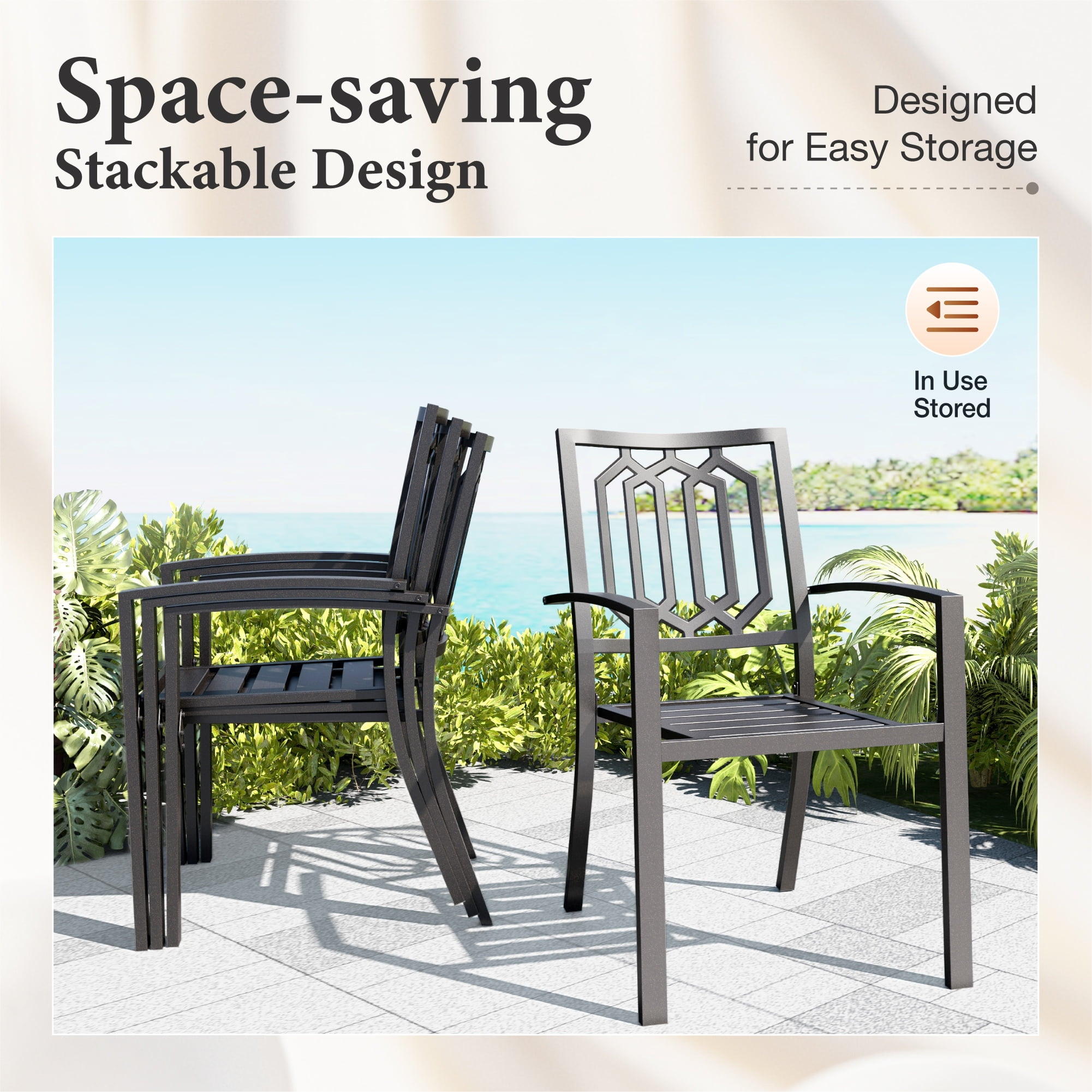 MF Studio Set of 2 Outdoor Patio Dining Stackable Chairs,All-Weather Steel Frame, Geometric Back, Black