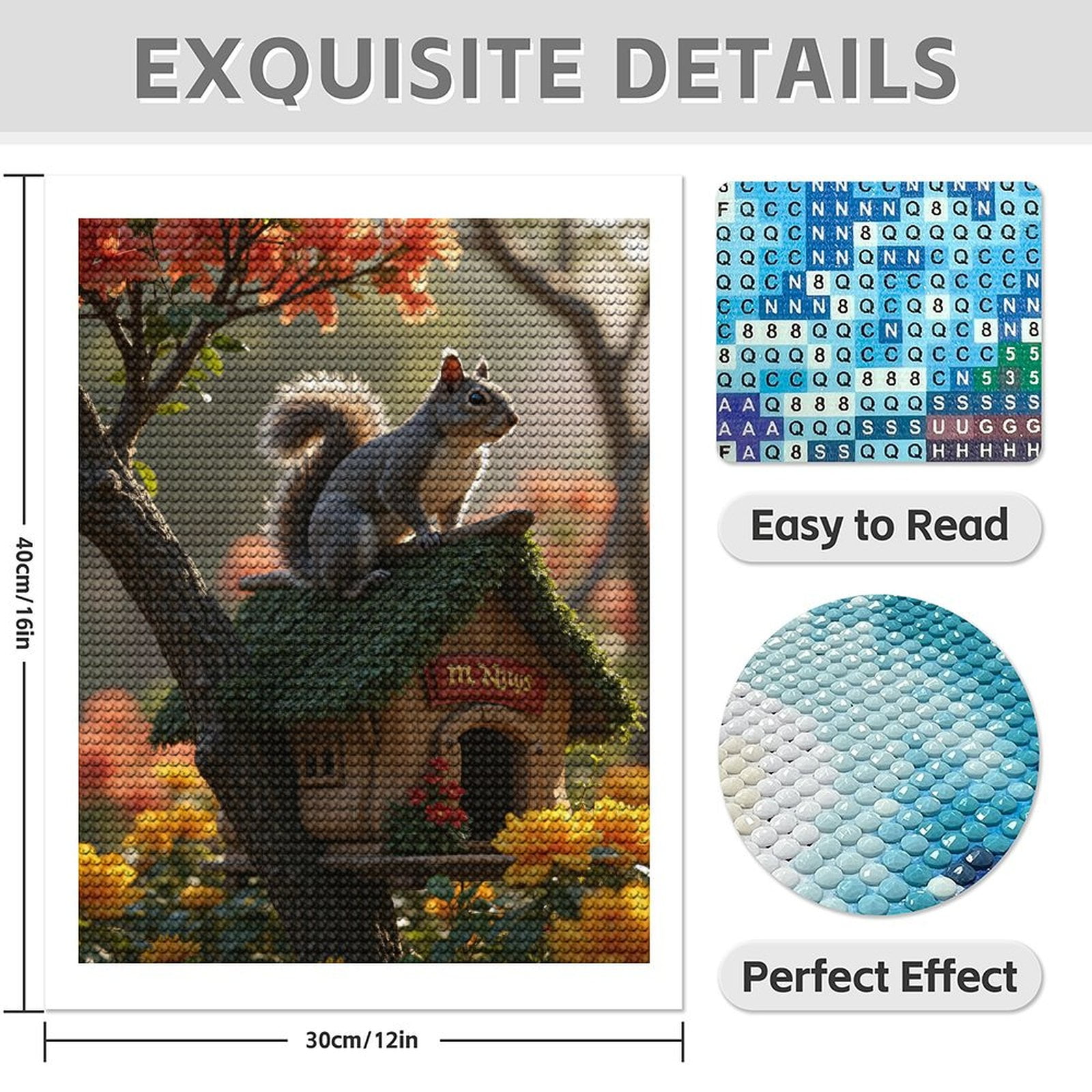 Diamond Art Kit for Adults, Squirrel Nature Wooden House Blossoms Diamond Painting for Adults Beginners, 5D DIY Diamond Art Painting Kits, Colorful Diamond Painting Craft for Home Decor 12x16