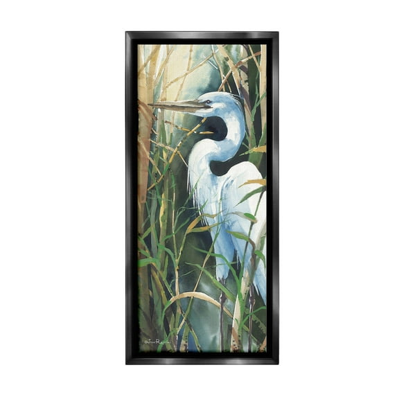 Stupell Industries Egret & Marshland Leaves Animals & Insects Painting Black Floater Framed Canvas Art Print Wall Art, 11 x 25