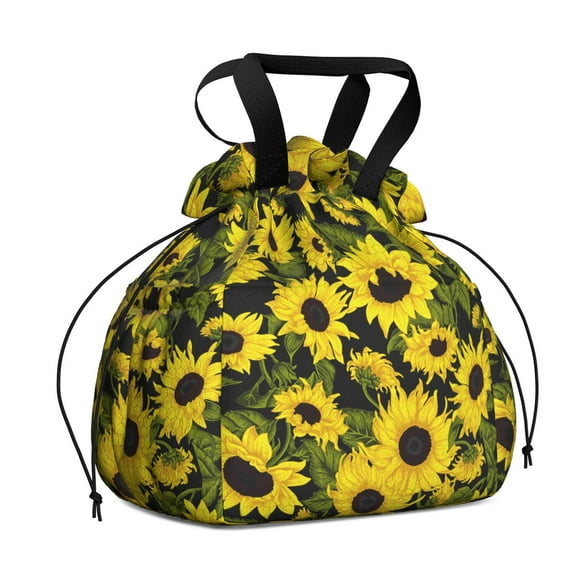 Sunflower Drawstring Lunch Bag Women - Drawstring Lunch Bag Insulated for Work Office - Stain-Resistant Large Lunchbags for Women with Multi-Pockets