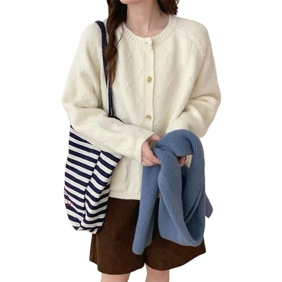 Women'S Long Sleeve Crew Neck Chunky Oversized Button Up Cute Cardigan Fall Trendy Sweaters Clothes Cream White One size
