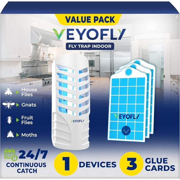 VEYOFLY Fruit Fly Trap Indoor (1 Device   3 Refills), Gnat Catcher, Plug-in Light Insect Trap for House, Bug Killer