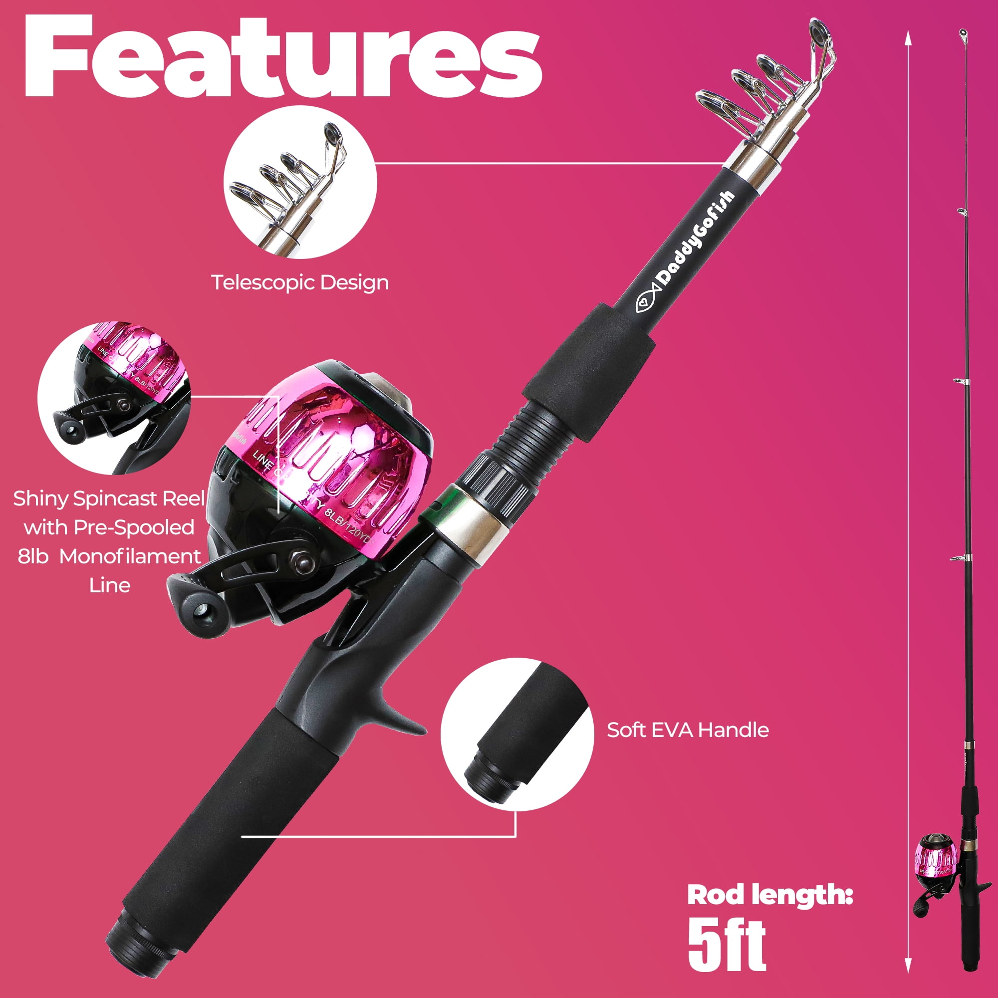 DaddyGoFish Pre-Spooled 4ft Fishing Rod, 2-Piece Rod (Kid)