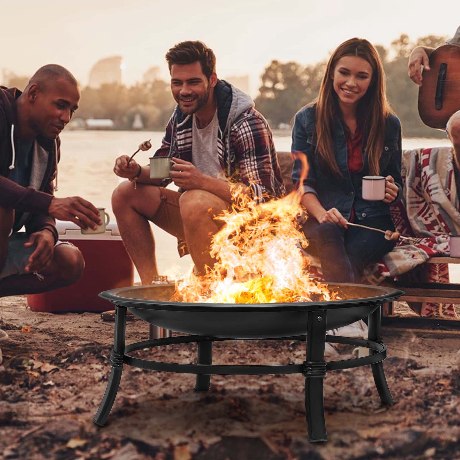 Singlyfire 26 inch Fire Pit for Outside Portable Fire Pit Wood Burning Small Fire Bowl for Camping Picnic Bonfire Patio Outside Backyard Garden Firepit with Log Grate, Poker