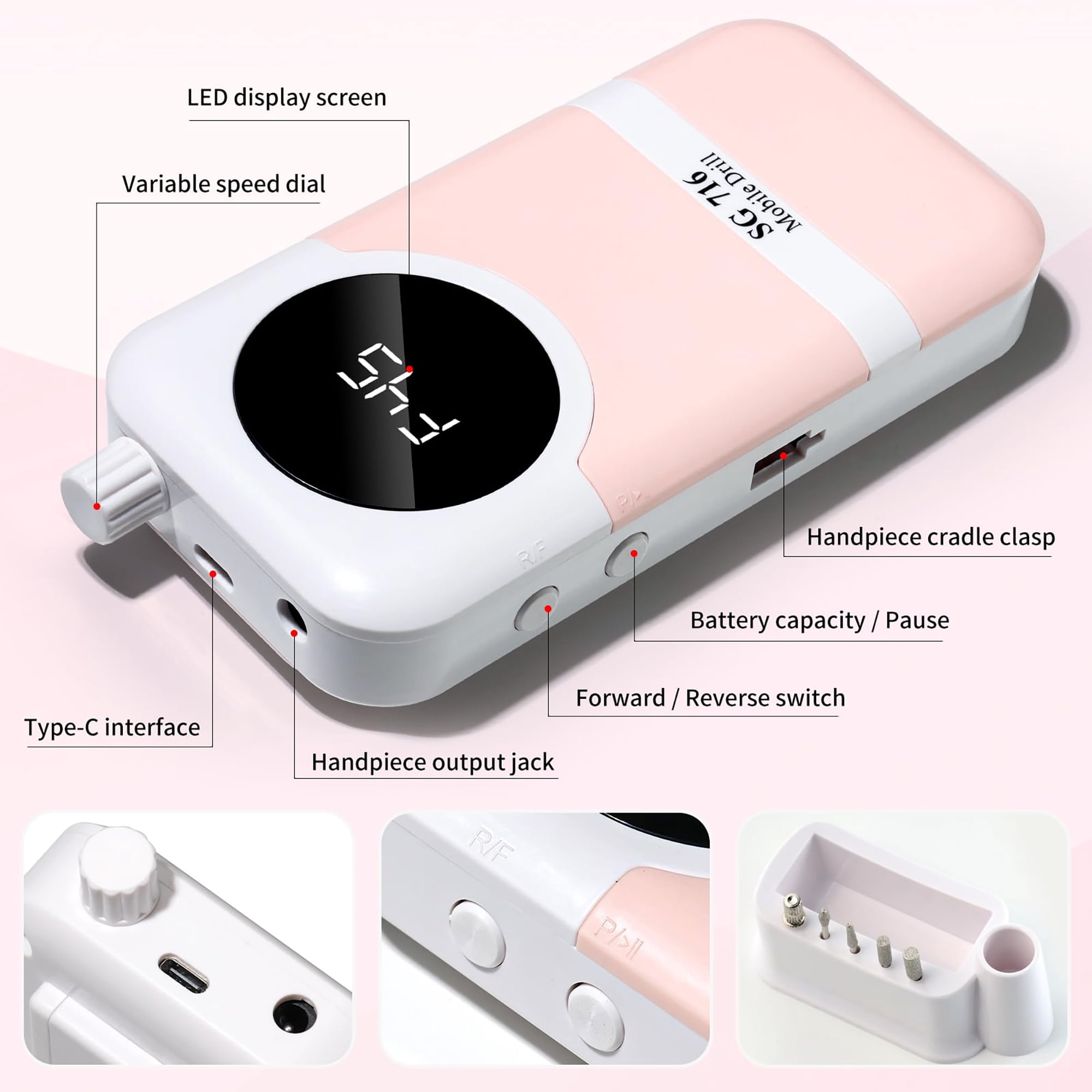 INSMART Cordless Nail Drill, Professional 45000RPM Electric Nail File Kit with LCD Display, Charging Base & 78 Accessories