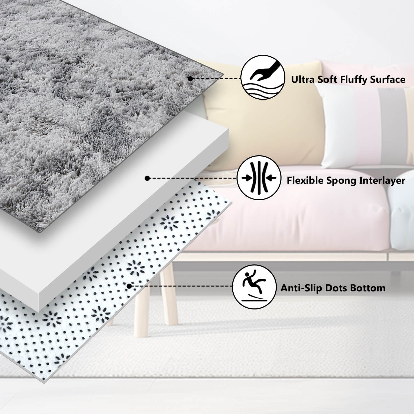 BRICHOEE 6x9 Feet Modern Indoor Home Living Room Area Rugs, Anti-Skid Soft Fluffy Shag Fur Bedroom Rugs for Kids Playroom Decor Tie-Dyed Light Grey