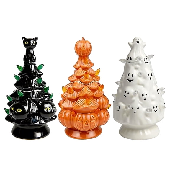 Lighted Halloween Ghost Tree Figurine, Resin Pumpkin Tabletop Decor for Mantel and Shelf, Style A