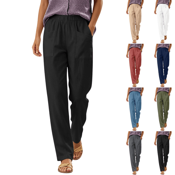 SeekIslan Women's Pull On Elastic Waist Pants with Front Patch Pockets for Summer Beach Vacation