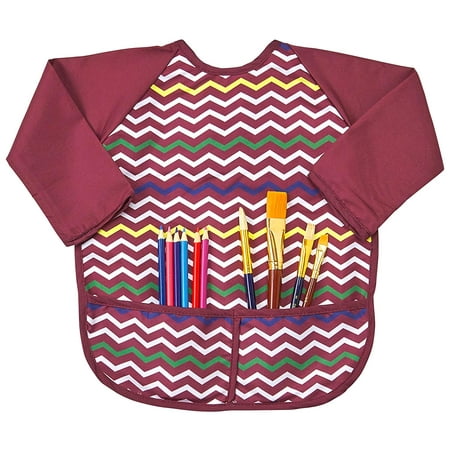 Abstract Kids Art Smock Apron - Maroon Long Sleeve Waterproof Bib for Painting, Feeding and More - 2 Pockets - Microfiber with Vinyl Lining - Small