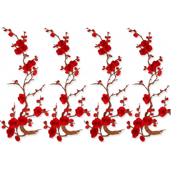 Cherry Blossom Iron On Patches, Embroidered Floral Applique (Red) | Flower Branch Design for Jackets, Jeans, Bags and DIY Crafts, Easy Clothing Repair Decor for Fashion Lovers and Crafters