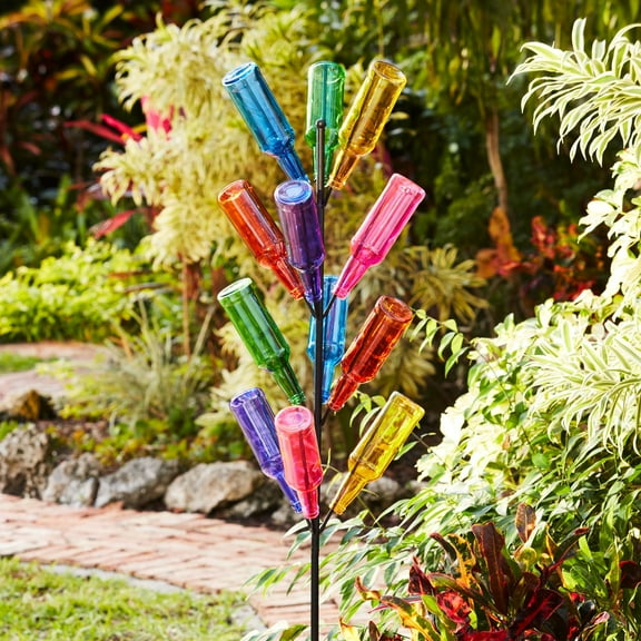 BrylaneHome Outdoor Décor Classic Glass Bottle Tree | Made of Metal | 63 Inches Tall | Colorful Garden Decorative Bottle Holder | Includes 12 Bottles