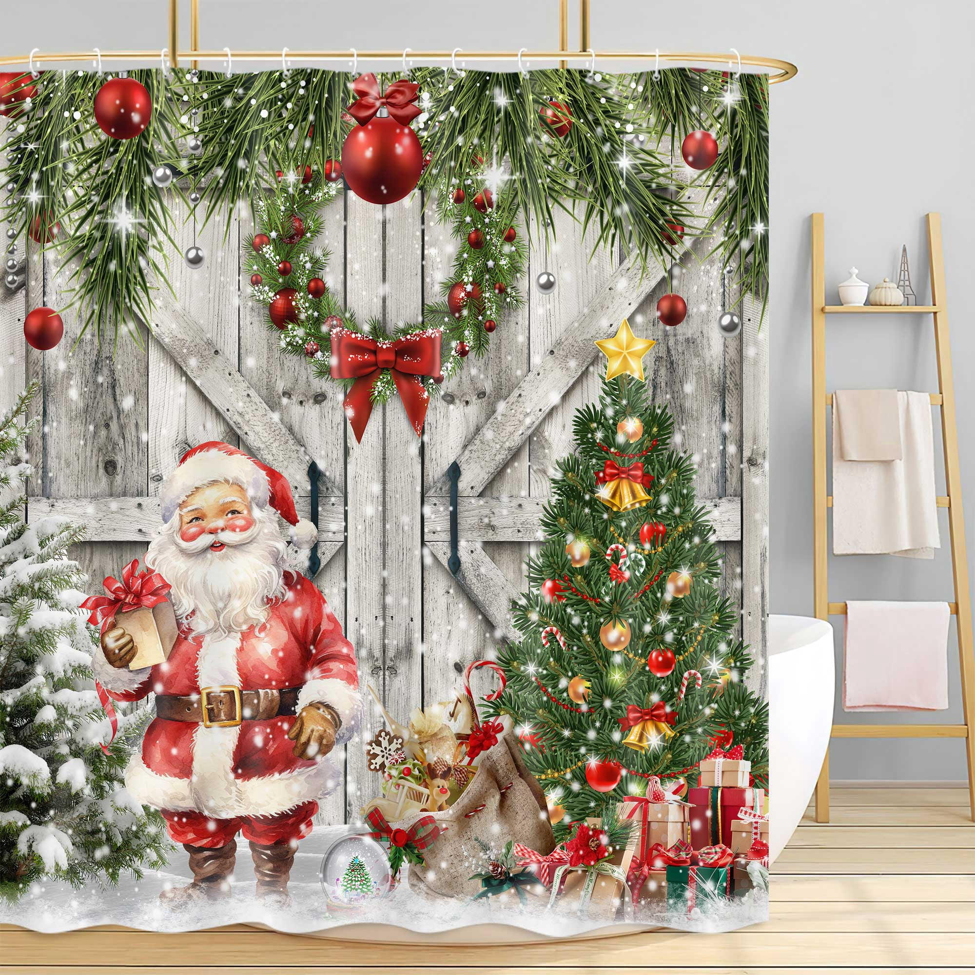 Merry Christmas Shower Curtain - Red Green Pine Tree Vintage Design, 70x70 Inches With Hooks