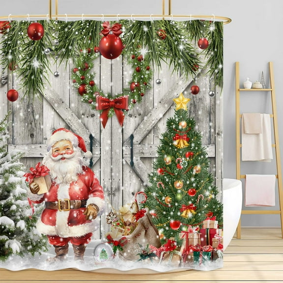 Rustic Farmhouse Christmas Shower Curtain, Winter Snowflake Wood Barn Door Xmas Tree Shower Curtain, Cute Santa Claus Bathroom Accessories for Country Bathroom Curtains Set with Hooks, 69X70IN