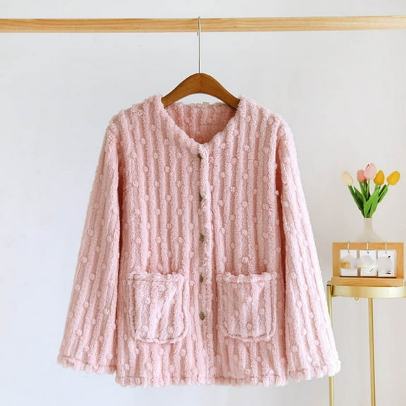 FDGIU Women's Fleece Pajama Jacket‌, Oversized V-Neck Cardigan Coat with Pockets, Cozy Winter Sleepwear & Loungewear