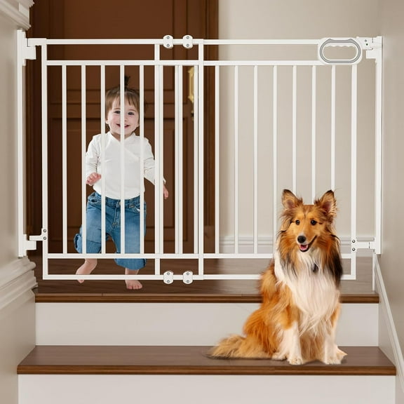 Baby Gate for Stairs- No Bottom Bar, 29.8” to 43.5” for Child and Pet, Dog Gate with Auto-Close & One-Hand Operation, Hardware-Mounted (Drill Needed) Installation for Doorways and Indoor Use