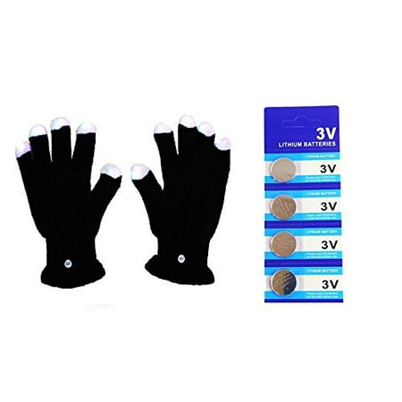 Ej15 Extra Light (LED Light Gloves Xmas , Birthday , Halloween Gift, Event Light Show Party Gloves with Extra 4 Pcs of Batteries (Black 7 Color & 6 Modes)