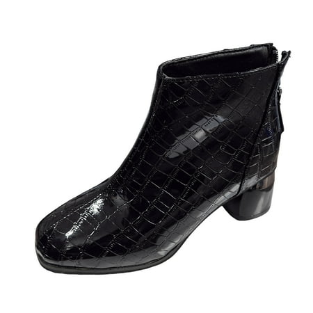 

Ladies Fashion British Style Solid Color Shiny Leather Back Zipper Thick High Heel Ankle Boots