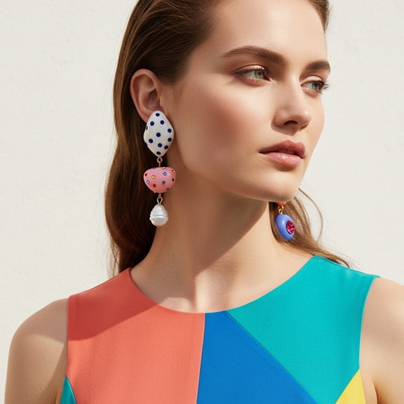 AEXTO Women Vibrant Candy Color Geometric Dangle Earrings, Handmade Fun Bold Party Vacation Earrings with Faux Pearl