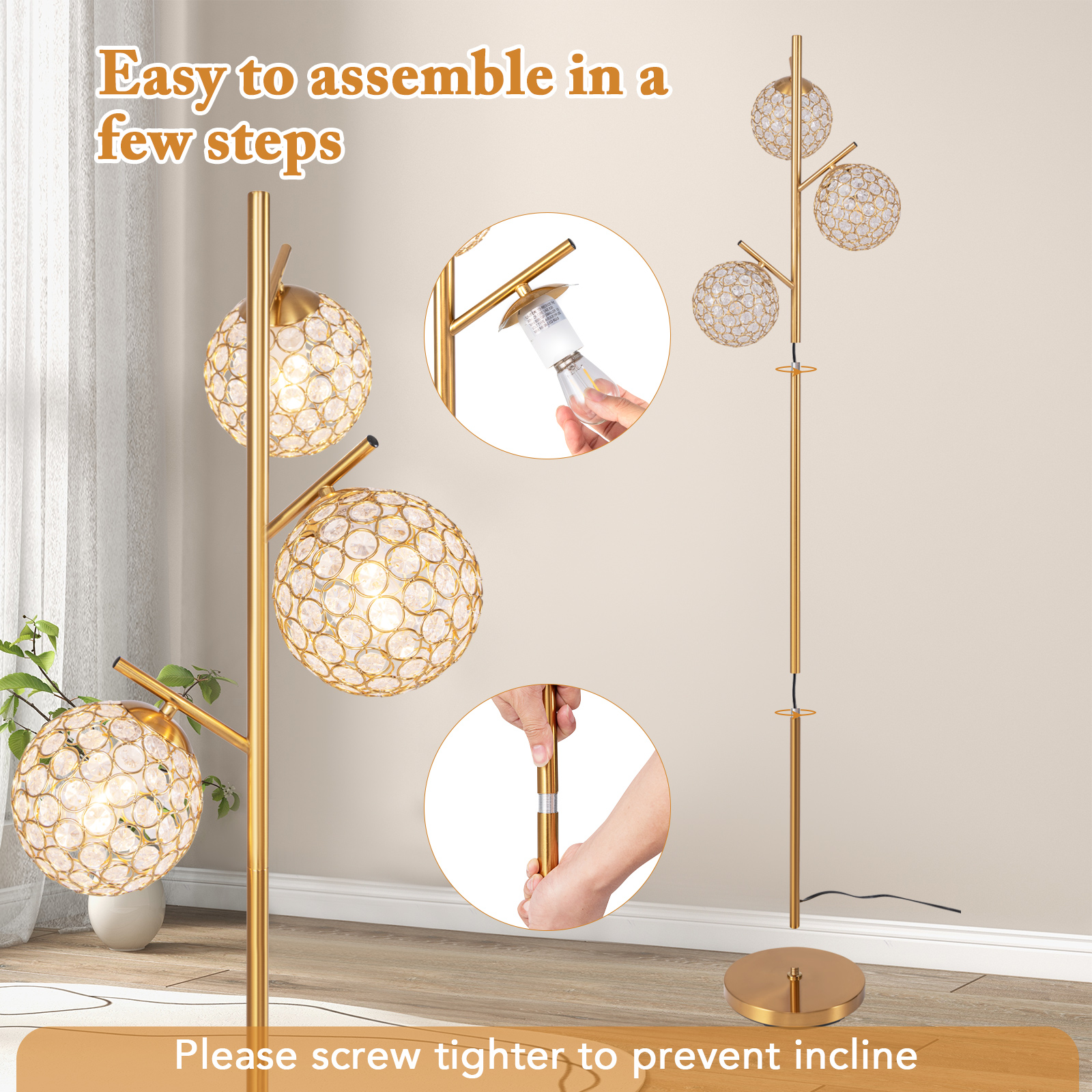 Giantex 3 Globe Floor Lamp, Gold Standing Lamp w/Acrylic Crystal Lamp Shade, Accent Tall Pole Tree Lamp