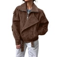 thumbnail image 2 of Women's Suede Lapel Motorcycle Jacket, Batwing Sleeve Short Style Coat, Ribbed Trim Belted Outerwear, Casual Zippered Jacket with Pockets, Spring Streetwear Fashion, Oversized Comfort Top Brown L, 2 of 8