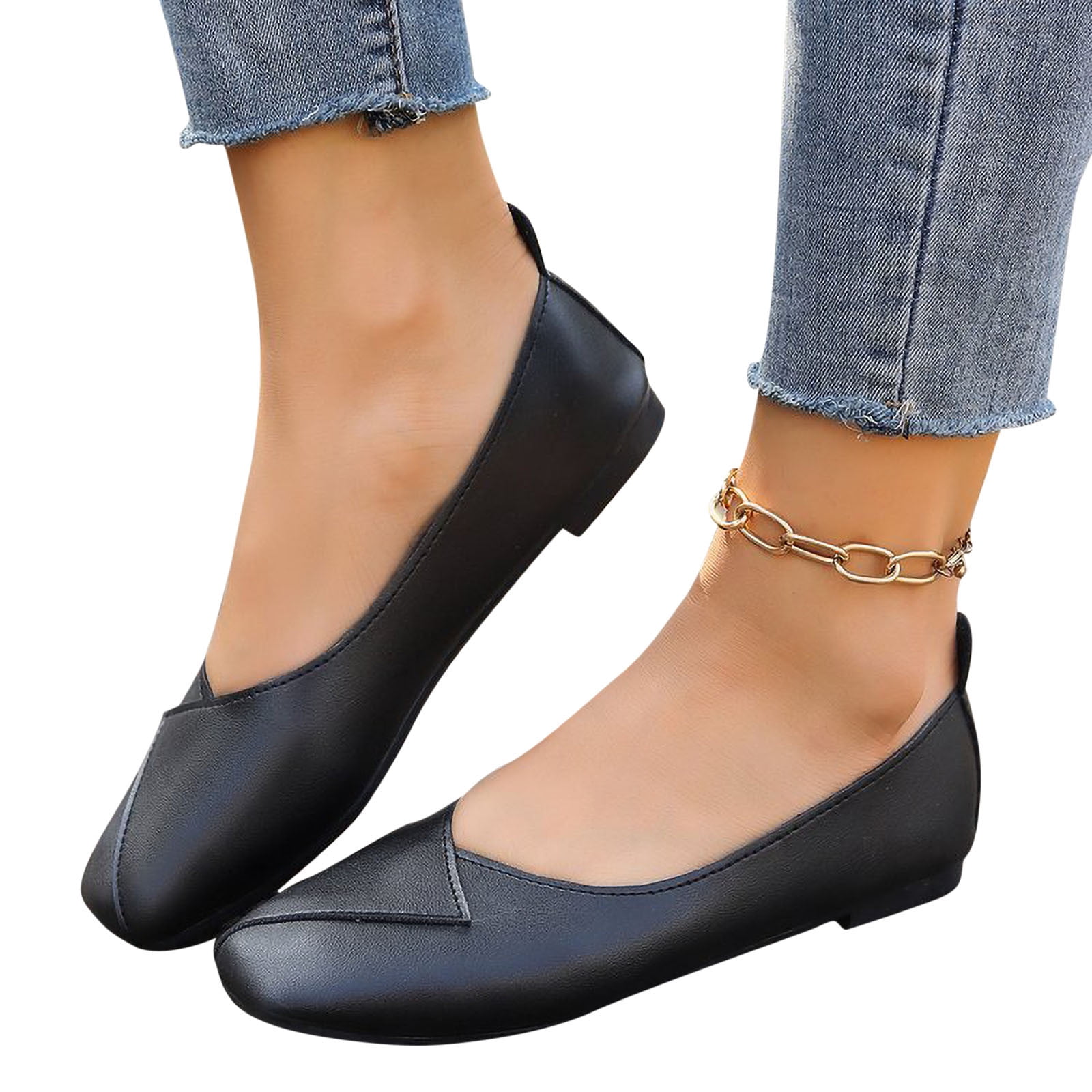 Pisexur Women Shoes Black Rectangular Toe Shallow Mouthed Flat Shoes Leggings Beans Shoes Single Leather Shoes Work Shoes Walmart