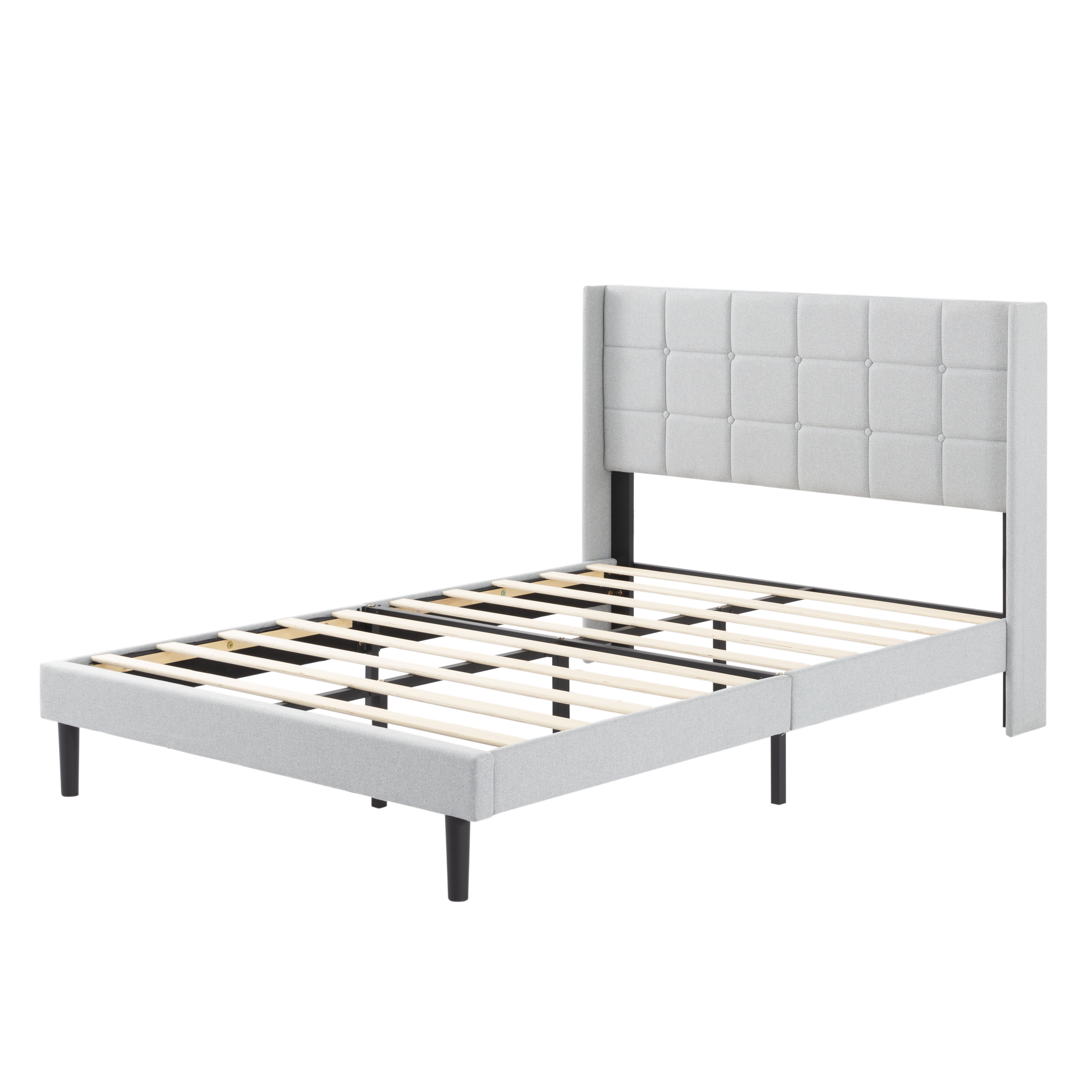 Gewnee Light Grey Full Size Platform Bed Frame Linen Upholstered Tufted Headboard Solid Wood Slat Support with Center Leg for Bedroom No Box Spring
