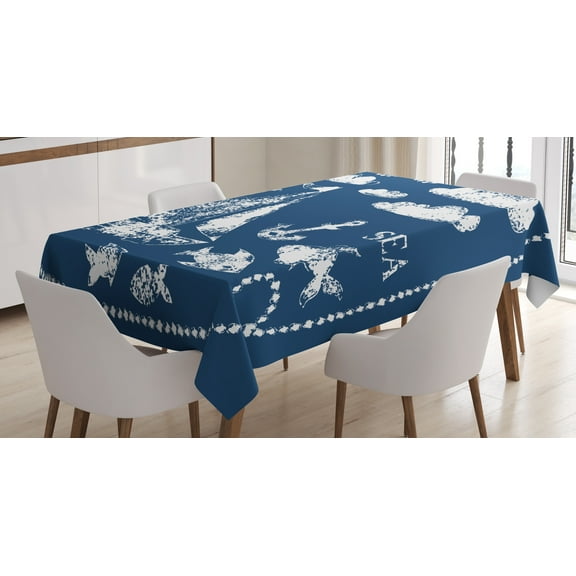 Ambesonne Navy Blue Tablecloth Rectangular Table Cover, Boat Clouds Anchor, 60"x90", Navy White