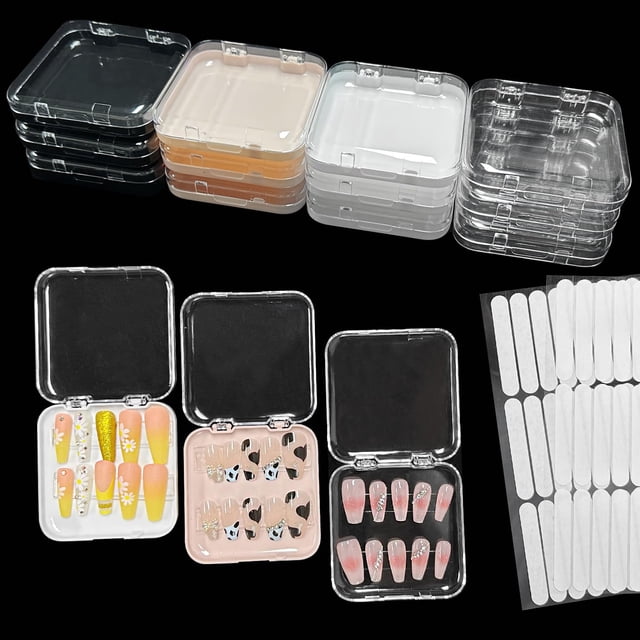 Caja de almacenamiento de uñas a presión de 12 piezas con 60 piezas de cinta adhesiva de doble cara Caja de presentación de uñas postizas acrílicas Caja organizadora de uñas postizas artificiales Caja