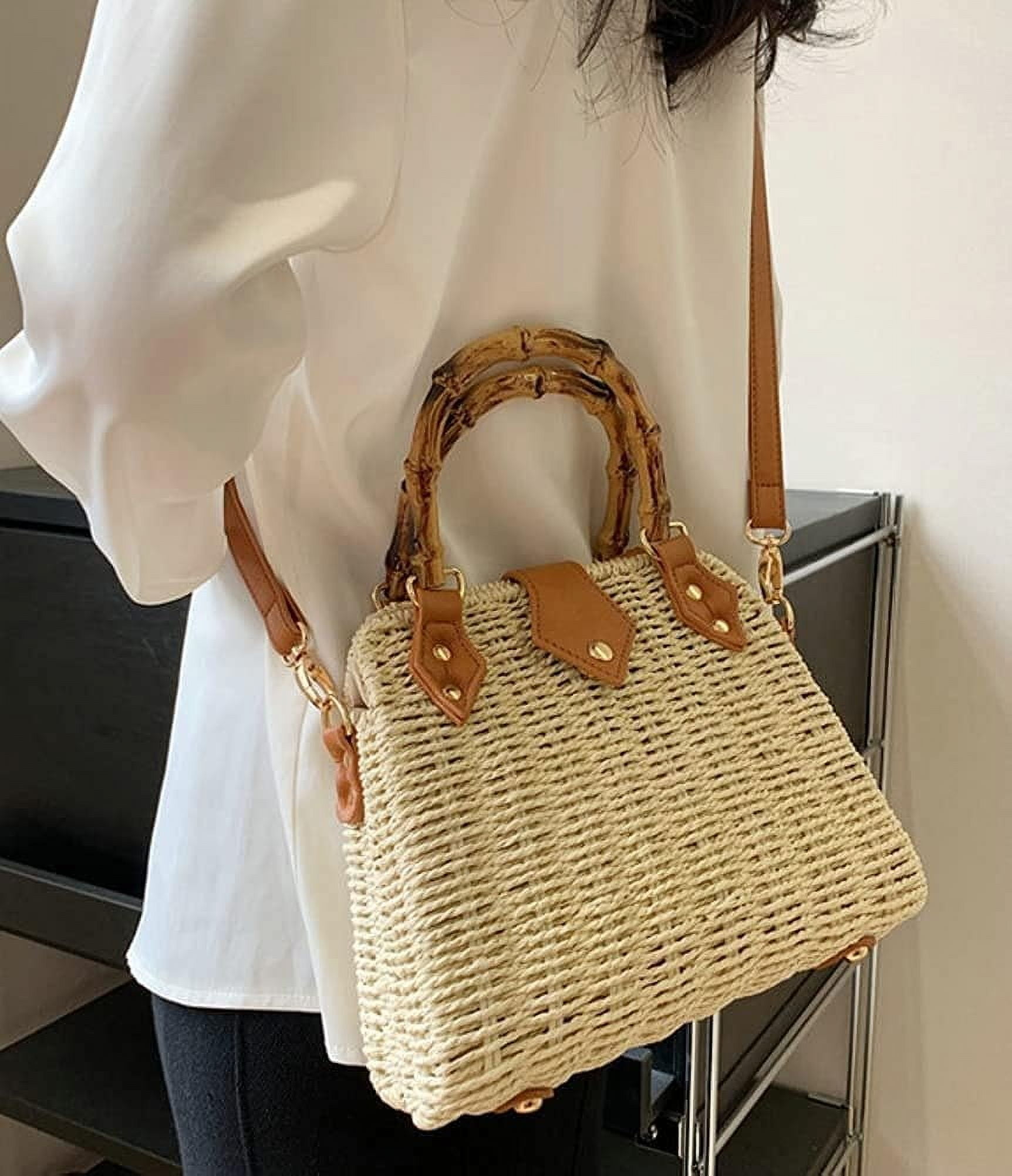 Kukuzhu Straw Tote Bag for Women Rattan Crossbody Handbags Woven Wicker Clutch Purse Imitation Bamboo Top Handle Shoulder Bag